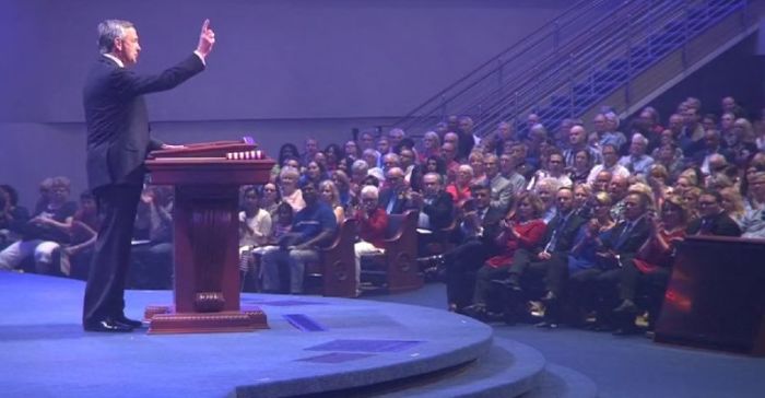 Pastor Robert Jeffress preaching on America being founded as a Christian nation before his congregation at First Baptist Church of Dallas, Texas on Sunday, June 24, 2018.