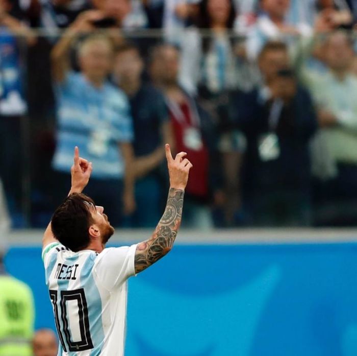 Argentine soccer player and Barcelona forward Lionel Messi, looks to the heavens on Tuesday June 26, 2018 after his team defeated Nigeria at the 2018 World Cup in St. Petersburg, Russia.