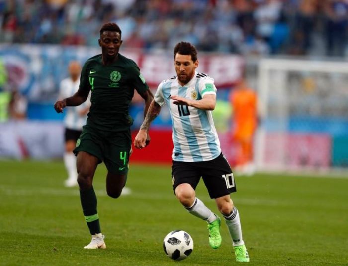 Argentine soccer player and Barcelona forward Lionel Messi (R), plays against Nigeria at the 2018 World Cup in St. Petersburg, Russia.