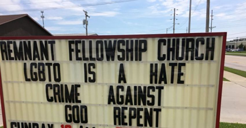 A controversial sign out front of the Remnant Fellowship Church in Auburn, Indiana, reads: "LGBTQ is a hate crime against God." The photo was uploaded to Facebook on June 26, 2018.