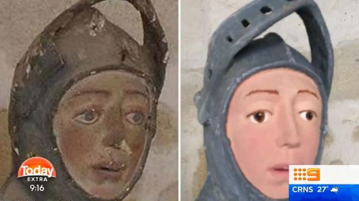Comparison between original and new effigy of St George at the Church of St Michael in the town of Estella in June 2018.