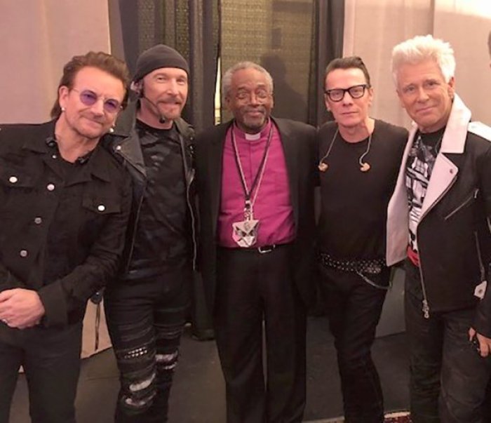 Episcopal Presiding Bishop Michael Curry (C) meeting U2 in New York City in a photo uploaded June 27, 2018.
