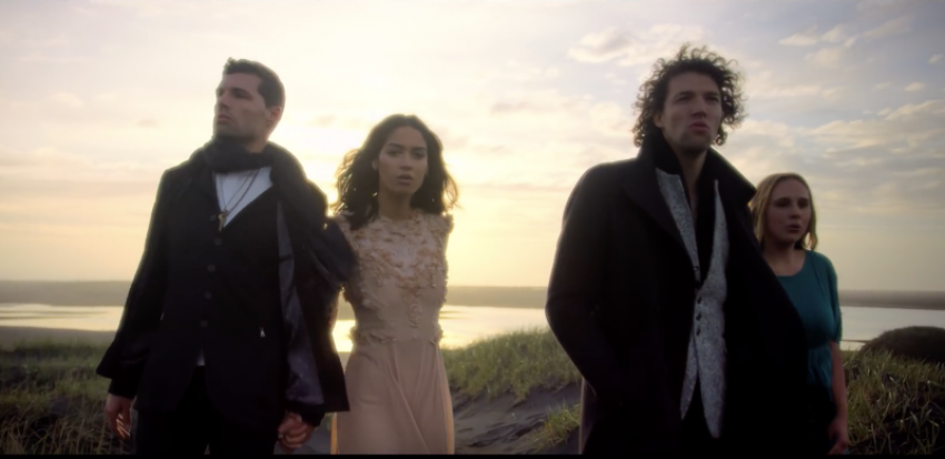 for KING & COUNTRY and their wives Moriah and Courtney on set of "Pioneers" music video, 2018.