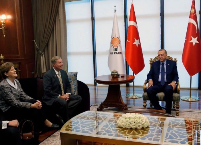 Sens. Lindsey Graham, R-S.C., and Sen. Jeanne Shaheen, D-N.H, meet with Turkey's President Recep Tayyip Erdogan in Ankara on June 29, 2018.