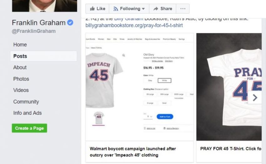 Screenshot of evangelist Franklin Graham post on July 3, 2018, promoting the "Pray for 45" T-shirts.