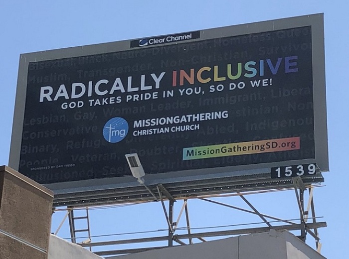 The Mission Gathering Christian Church's billboard message atop a gay bar in San Diego.