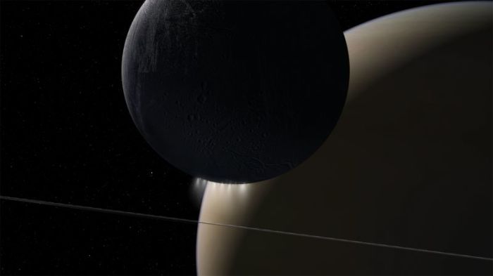 A look at Enceladus, among the smallest of 50 moons orbiting around Saturn.