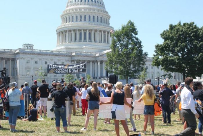 Demonstrators participate in a rally held outside of the United States Capitol Building in Washington, D.C., to call for criminal justice reform and the passage of the FIRST STEP Act on July 10, 2018.