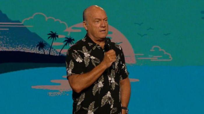 Greg Laurie, senior pastor of Harvest Ministries megachurch across California and Hawaii, preaches a sermon on July 15, 2018.