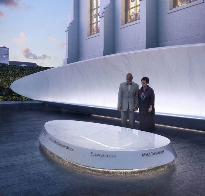 A rendering of the planned fountain at the center of the memorial, bearing the names of those killed in the massacre at the Emanuel AME Church in 2015.