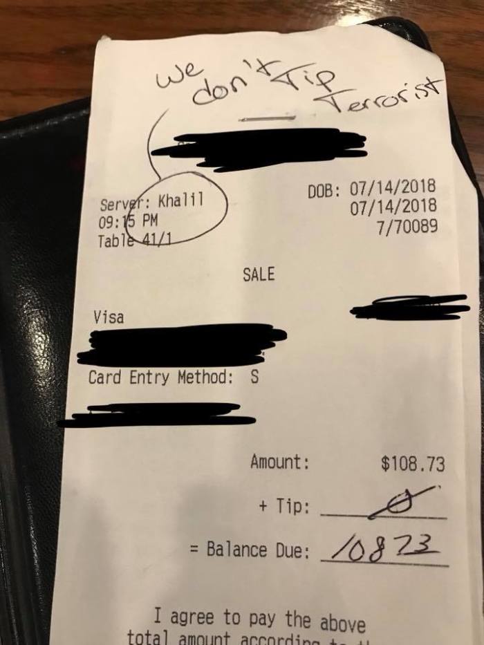 Khalil Cavil sharing a message he received on a bill at Saltgrass Steak House in Odessa, uploaded on July 16, 2018.
