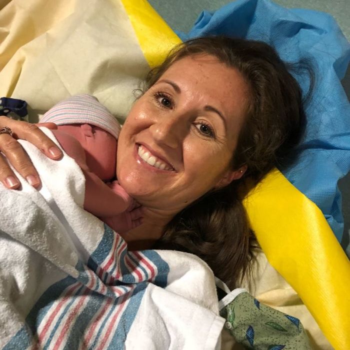 Falon Griffin posed with her newborn daughter Gracelyn while being treated in the hospital after giving birth in Chick-Fil-A in San Antonio, Tx.