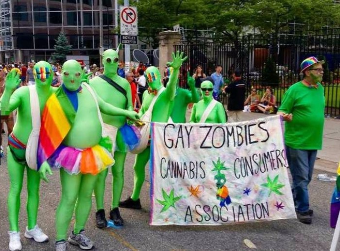Bill Whatcott and his friends march as gay zombies in the Toronto Pride Parade on July 10, 2016.