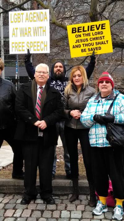 Bill Whatcott. his wife, Jadranka, and friends demonstrating in Toronto, Ontario, Canada.