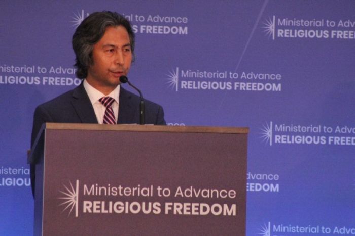 Tahrir Hamut, a prominent Uighur poet and filmmaker who was sentenced to three years in a Chinese concentration camp in the mid 1990s,speaks during the first-ever State Department Ministerial to Advance Religious Freedom in Washington, D.C. on July 24, 2018.