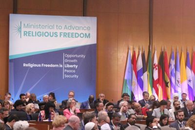 Participants listen during the first-ever State Department Ministerial to Advance International Religious Freedom at the Harry S. Truman Building in Washington, D.C. on July 24, 2018.