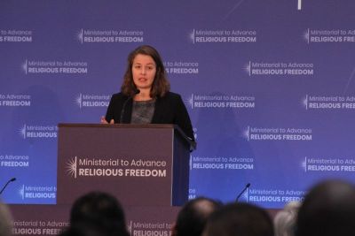 Jacqueline Furnari, the daughter of imprisoned American pastor Andrew Brunson, speaks at the first-ever State Department Ministerial to Advance Religious Freedom at the Harry S. Truman Building in Washington, D.C. on July 24, 2018.