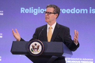 Former U.S. Ambassador at-Large for International Religious Freedom Sam Brownback speaks to reporters at the State Department's Harry S. Truman Building in Washington, D.C. on July 26, 2018.