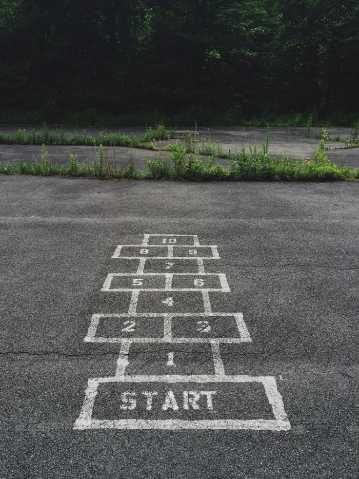 A hopscotch course drawn on a playground