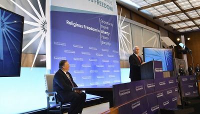 Vice President Mike Pence speaks at the first-ever State Department Ministerial to Advance Religious Freedom at the Harry S. Truman Building in Washington, D.C. on July 27, 2018. He is joined on stage by Secretary of State Mike Pompeo.