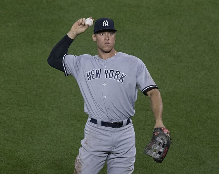 Aaron Judge preparing to throw a baseball at Oriole Park at Camden Yard during the 2017 season.