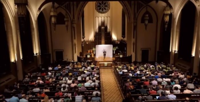 Wesley Hill, associate professor of New Testament at the Trinity School for Ministry based in Ambridge, Pennsylvania, giving keynote speech at the first-ever Revoice Conference, held July 26-28, 2018 at Memorial Presbyterian Church in St. Louis, Missouri.