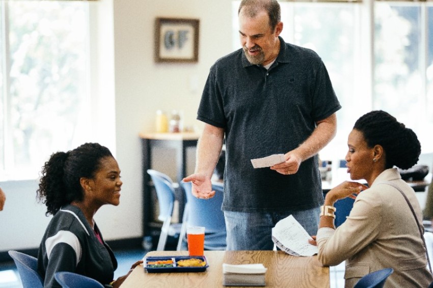 Aryn Wright-Thompson, Alex Kendrick and Priscilla Shirer rehearse a scene from the August 2019 film, "Overcomer"