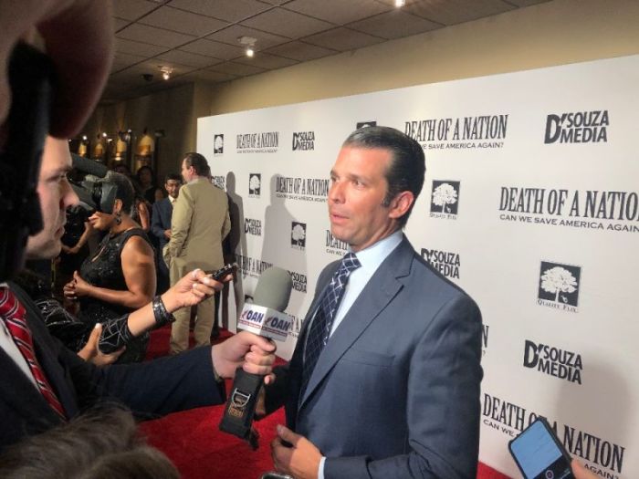 Donald Trump Jr. speaks to reporters at the advanced screening of Dinesh D'Souza's documentary 'Death of a Nation' at the E Street Cinema in Washington, D.C. on Aug. 1, 2018.
