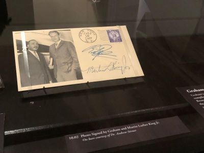 An autographed photograph of Billy Graham and Martin Luther King Jr. sits on display at the Museum of the Bible in Washington, D.C. on Aug. 3, 2018.