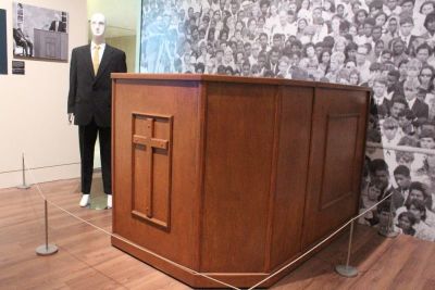 The pulpit that Billy Graham used in his final crusades sits on display at the Museum of the Bible in Washington, D.C. on Aug. 3, 2018.