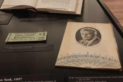 A program and ticket from Billy Graham's 1957 revival at Yankee Stadium in New York City sits on display at the Museum of the Bible in Washington, D.C. on Aug. 3, 2018.
