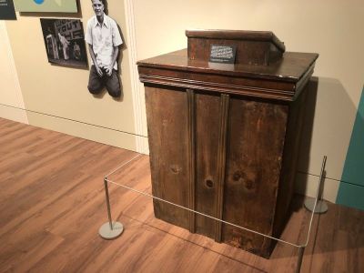 The pulpit that Billy Graham used at Modesto, California in 1948 sits on display at the Museum of the Bible in Washington, D.C. on Aug. 3, 2018.