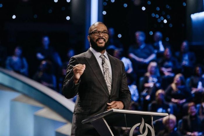 Christian film producer, Tyler Perry, preaches at Lakewood Church in Houston, Texas, on Sunday August 5, 2018.