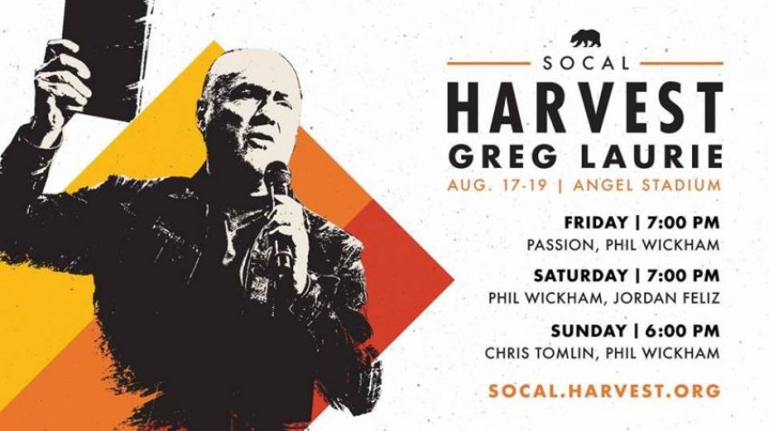 Evangelist Greg Laurie was forced to take down a series of billboards showing him holding a Bible, as seen in this image. The billboards advertised his upcoming "Harvest" outreach.