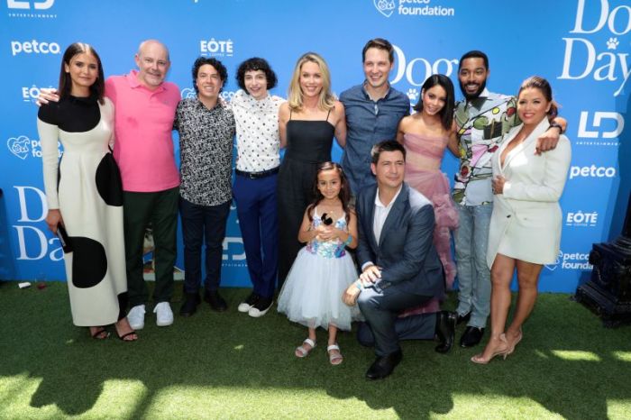 Cast of 'Dog Days' pose at the movie premier in Los Angeles, California, 2018.