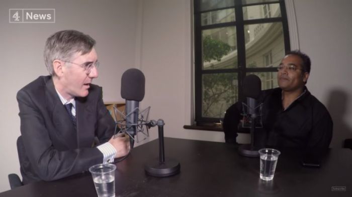 Conservative U.K. politician Jacob Rees-Mogg (L) in an interview published on July 18, 2018.
