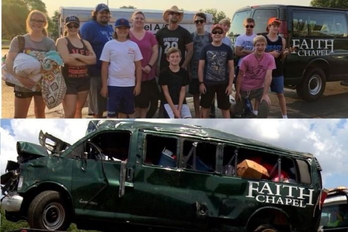 Before and after photos of the Faith Chapel Assembly of God van that crashed when a tire blew out on Friday August 10, 2018 in Missouri.