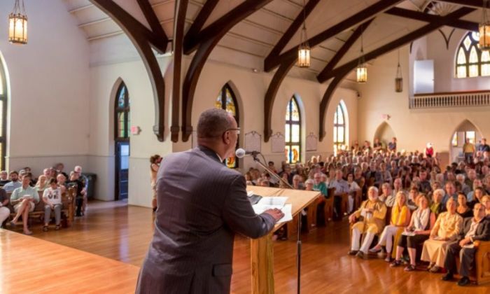 The Charlottesville Clergy Collective held a worship service at The Haven in Charlottesville, Virginia on Thursday, August 9, 2018, to remember the one-year anniversary of the violent 'Unite the Right' rally.