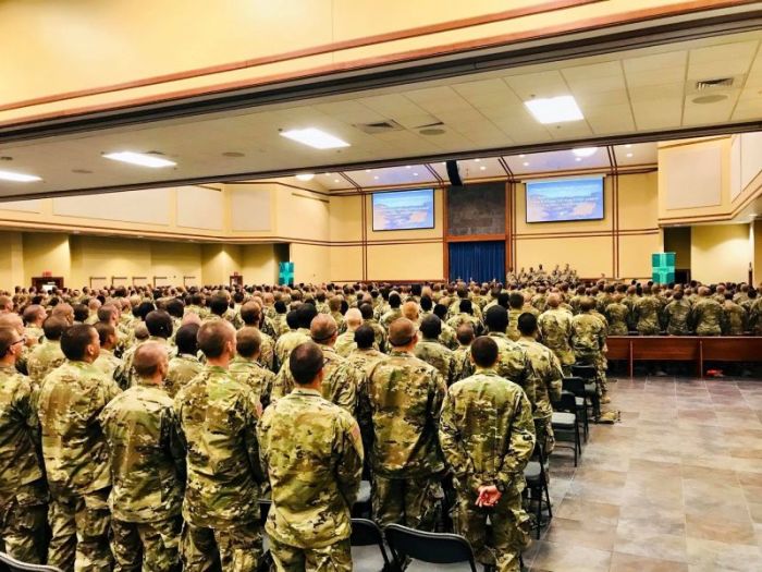 Soldiers gather for a worship service at the Main Post Chapel at Fort Leonard Wood in Missouri on Aug. 12, 2018.