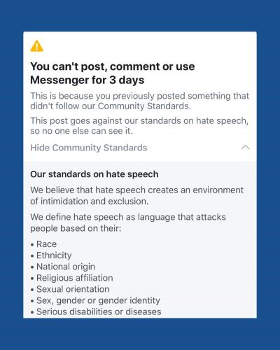 The message Elizabeth Johnston received, banning her from using Facebook on August 15, 2018.