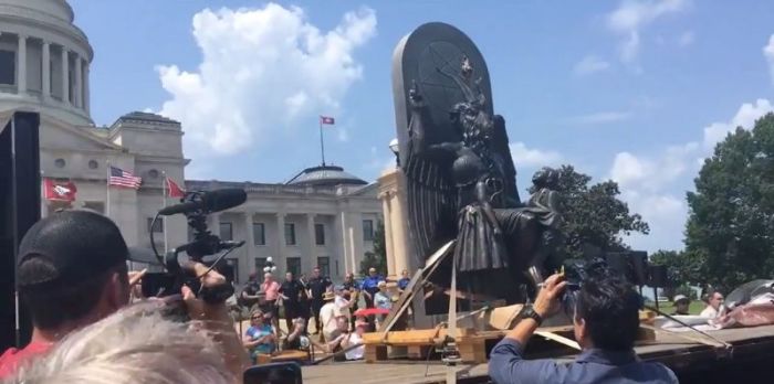Satanic Temple unveils Satanic statue of a goat-headed, winged creature called Baphomet at the Arkansas State Capitol on August 16, 2018.