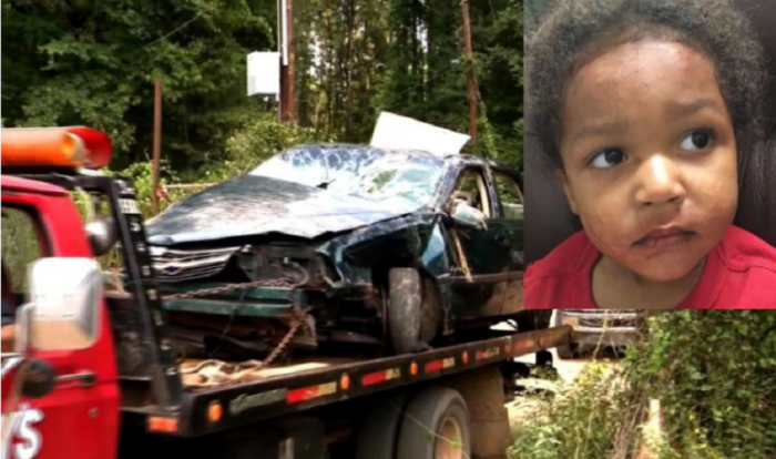 Kylen, 3 (inset), is being hailed a hero for getting help to save his 1-year-old brother from this wreck (pictured). His mother died in the crash which left him and his little brother stranded for days.
