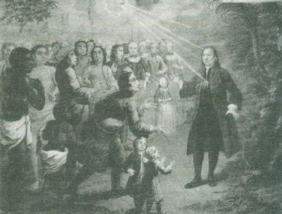 An illustration showing Count Nicolaus von Zinzendorf (1700-1760), Moravian Church leader, preaching to a diverse group of people.