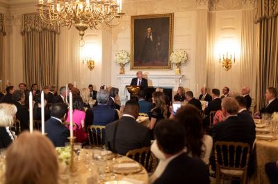 President Donald Trump speaks with evangelical leaders during a dinner at the White House on Aug. 27, 2018.