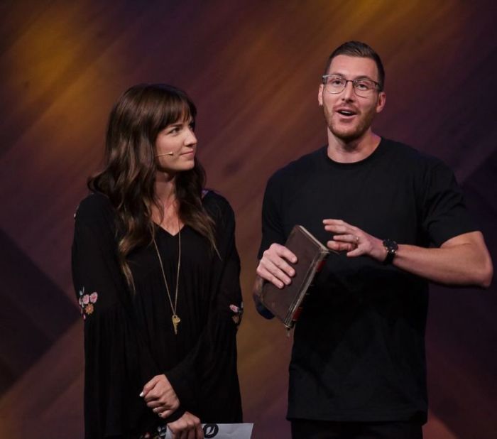 Kayla and Andrew Stoecklein discuss their struggle with the late pastor's mental health problems at Inland Hills Church in Chino, Calif. on August 12, 2018.