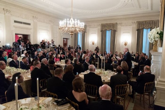 President Donald Trump speaks to a gathering of of about 100 evangelical leaders and their spouses during a dinner at the White House in Washington, D.C. on Aug. 27, 2018.