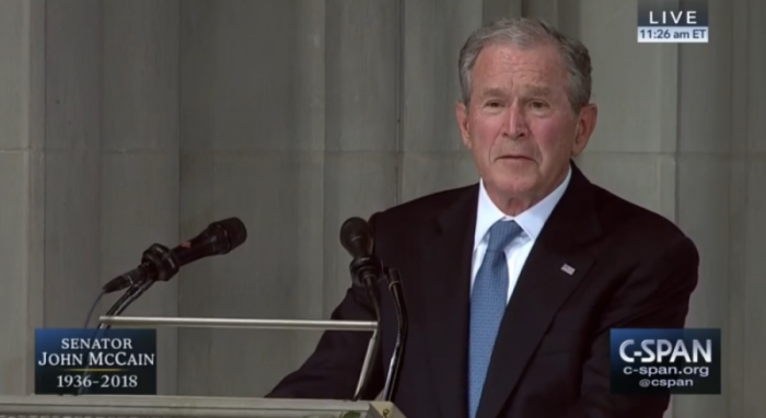 Former President George W. Bush speaking at the funeral of U.S. Sen. John McCain, R-Ariz., Washington National Cathedral, Washington, D.C., September 1, 2018.