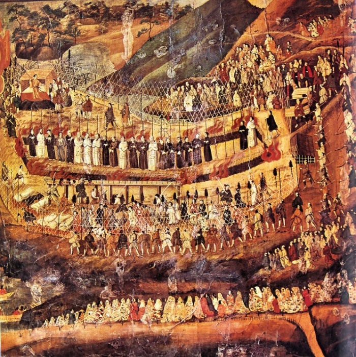 A seventeenth-century painting depicting the mass killing of Christians in Japan.