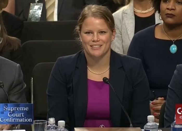 Alicia Baker, a community development organizer and ordained Free Methodist Church minister from Indianapolis, Indiana, testifies against a religious freedom ruling during U.S. Senate hearings on Supreme Court nominee Brett Kavanaugh in Capitol Hill in Washington, D.C., on Sept. 7, 2018.