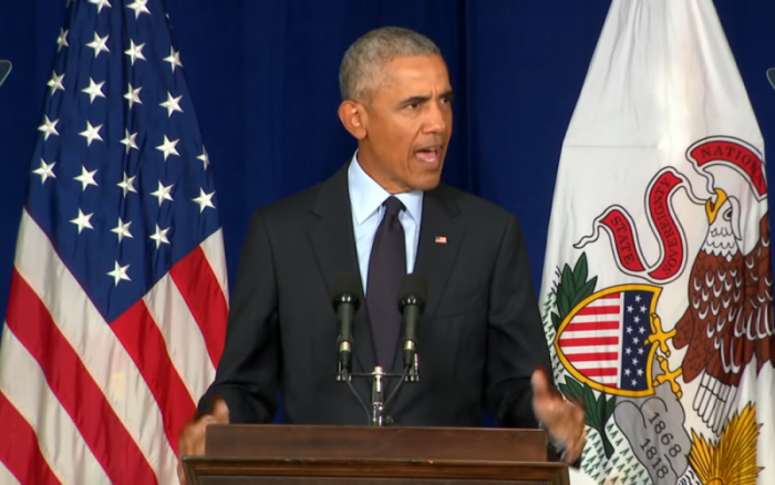 Former President Barack Obama speaking at University of Illinois at Urbana-Champaign, September 7, 2018.